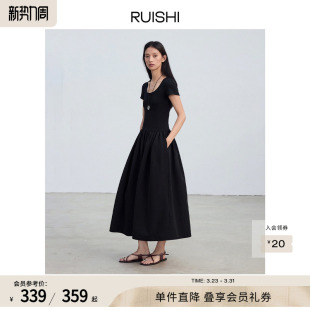 u领连衣裙气质吊带裙子女夏季 轻量中空纱短袖 黑天鹅 RUISHI芮时