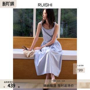 RUISHI芮时 度假风纯棉一字肩纽结简约收腰连衣裙a字长裙女夏