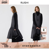 RUISHI芮时 手工塔克褶羊毛混色V领无袖 背心裙A字显瘦连衣裙女冬