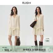 RUISHI芮时 花朵系带宽松度假风荷叶边连衣裙子女春夏 云絮柔漾