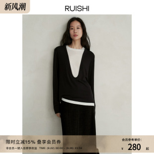 RUISHI芮时 女秋 宽松落肩U领老钱风穿搭假两件羊毛针织打底衫