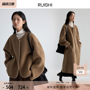 RUISHI芮时 100绵羊毛简约圆领廓形一粒扣双面呢大衣女