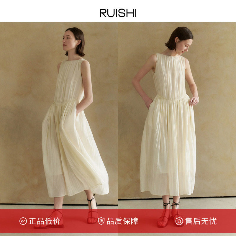 RUISHI芮时 一字领立体褶皱花苞裙无袖连衣裙2前后两穿长裙女夏季