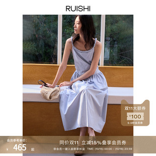 RUISHI芮时 度假风纯棉一字肩纽结简约收腰连衣裙a字长裙女夏