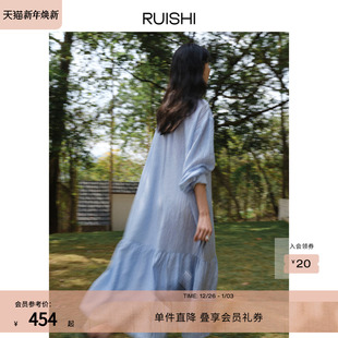 RUISHI芮时 珠光醋酸抽绳荡领垂感显瘦度假风A字连衣裙女春季