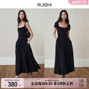 RUISHI芮时 法式 现货 优雅双面针织收腰方领小黑裙连衣裙女夏