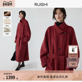 RUISHI芮时 毛呢外套女冬季 胶片大衣 绵羊毛立领新年红色长款