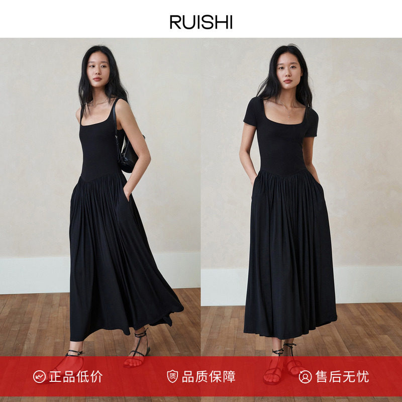 RUISHI芮时收腰方领小黑裙连衣裙图片