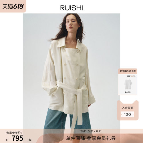 RUISHI芮时“轻都之旅”双排扣大翻领蝙蝠袖中长款风衣外套女春夏