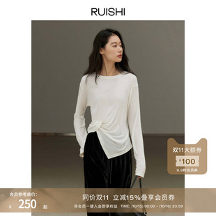 RUISHI芮时 T恤上衣女春秋 莱赛尔混纺纽结设计感百搭显瘦长袖