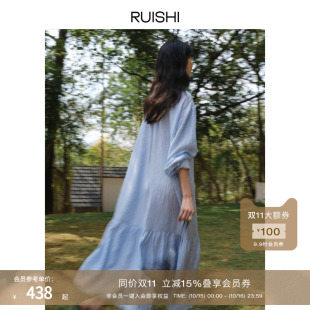 RUISHI芮时 珠光醋酸抽绳荡领垂感显瘦度假风A字连衣裙女春季