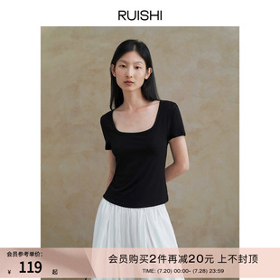 上衣精致方领短袖 RUISHI芮时 显瘦短款 云朵小飞袖 女t恤夏 设计修身