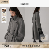 RUISHI芮时重磅驼绒桑蚕丝羊毛慵懒两穿领灰色毛呢大衣秋冬外套女