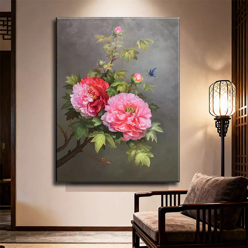 《蝶恋芳华》新中式牡丹花客厅装饰画好寓意玄关挂画艺术书房壁画
