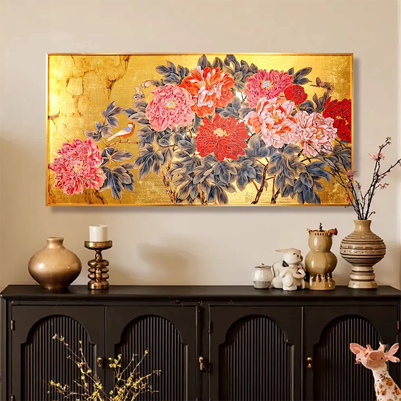 新中式牡丹花非遗金箔感客厅装饰画现代轻奢大气横版卧室书房挂画