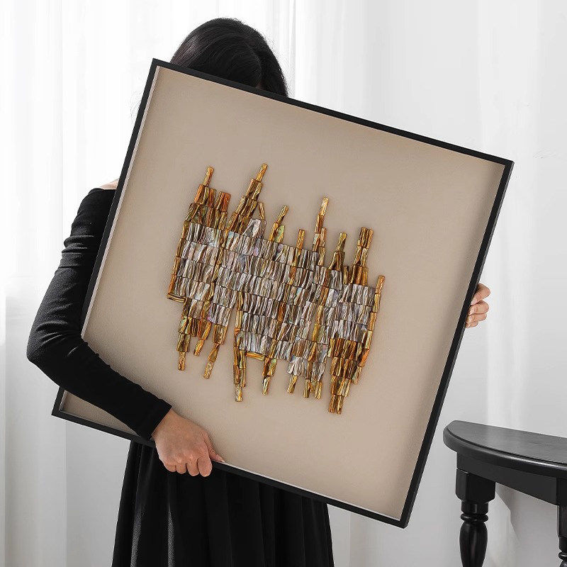 轻奢风客厅装饰画欧式轻奢高档金色贝壳现代简约高级感卧室壁挂画