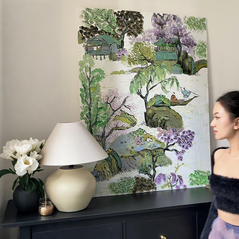 新中式客厅酒店壁画古典入户玄关装饰画江南庭院小众艺术卧室挂画