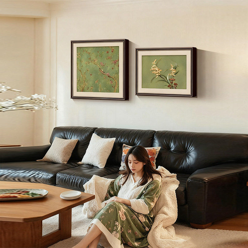 中古风客厅沙发背景墙装饰画小众复古玄关柜上挂画高级感餐厅壁画