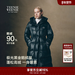 TeenieWeenie小熊奥莱羽绒服冬季中长款收腰连帽保暖黑色女鹅绒服