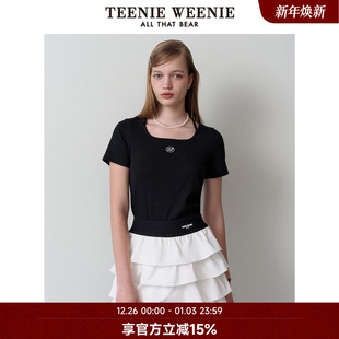 TeenieWeenie小熊奥莱夏季 黑色T恤设计感 方领针织短袖