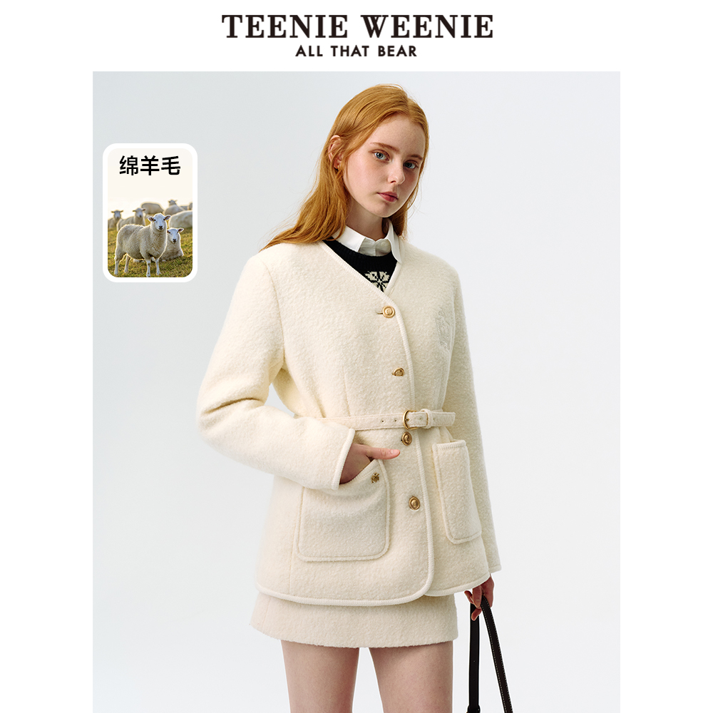 【反季清仓】TeenieWeenie小熊奥莱毛呢大衣夹棉V领小香