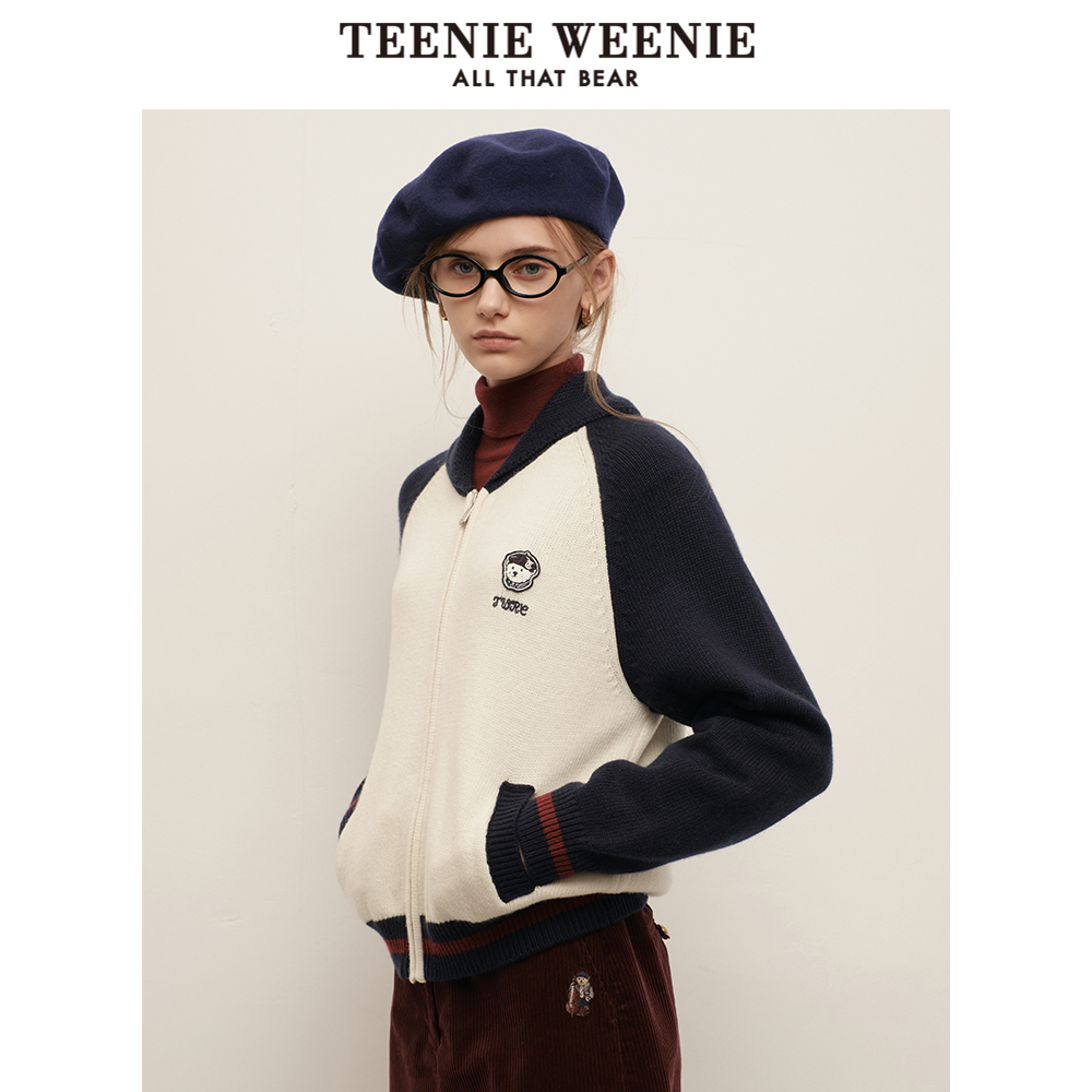 TeenieWeenie小熊奥莱冬装绵羊毛混纺插肩袖翻领针织开衫