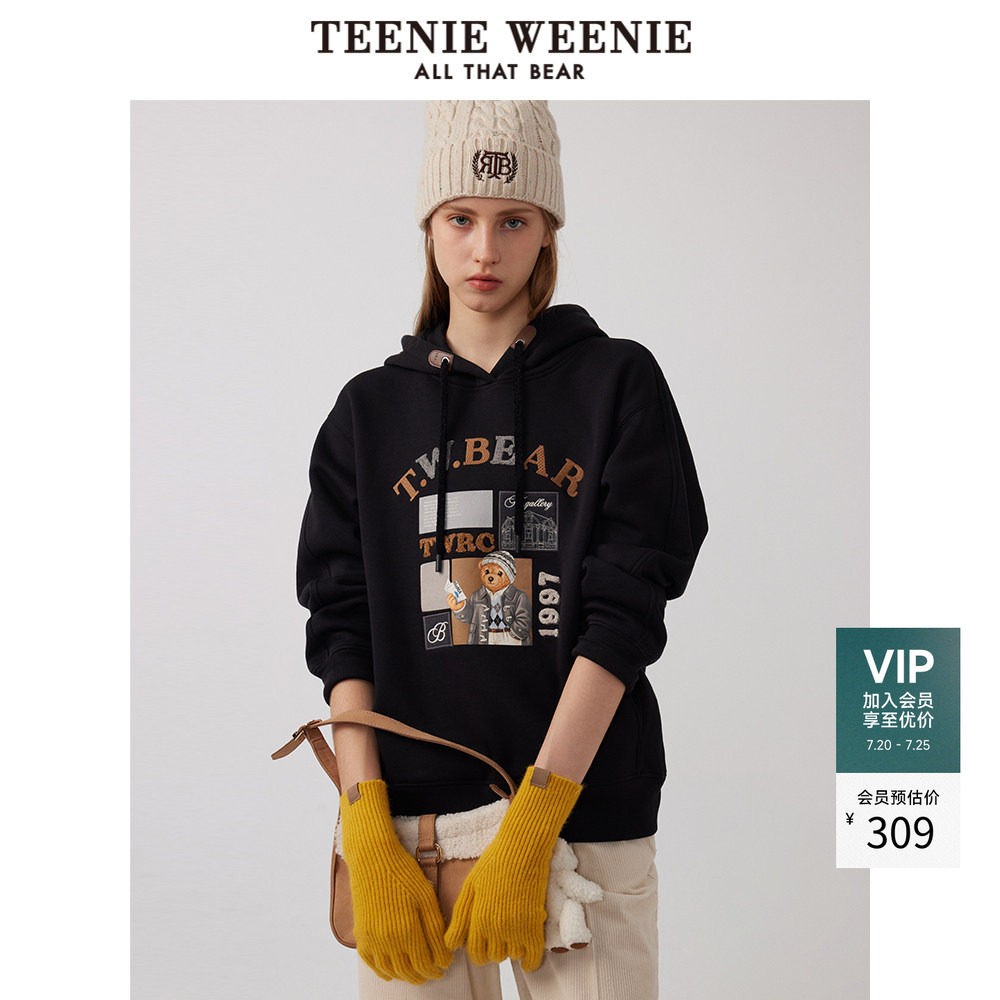 TeenieWeenie小熊奥莱女装冬装植绒刺绣连帽卫衣宽松慵懒风上衣