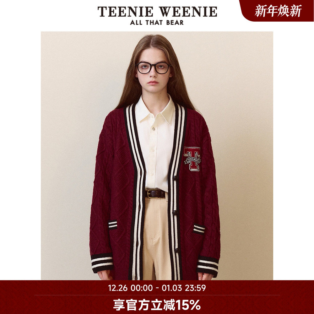 TeenieWeenie小熊奥莱秋季红色慵懒风针织开衫毛衣外套学