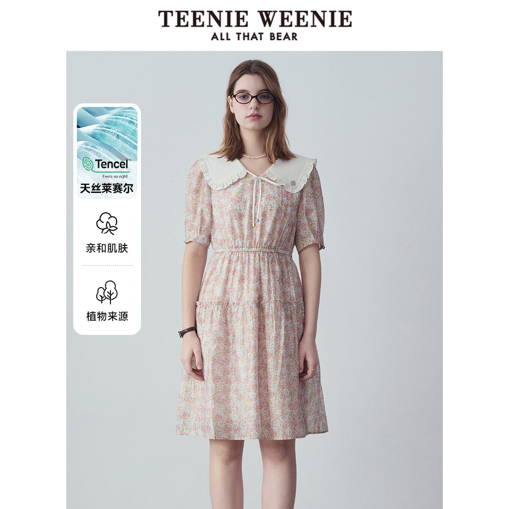 TeenieWeenie小熊奥莱夏娃娃领碎花连衣裙天丝混纺裙女