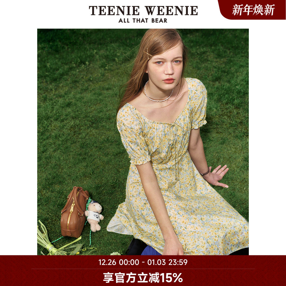TeenieWeenie小熊奥莱轻薄方领碎花连衣裙法式泡泡袖复古