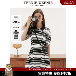 设计感女夏 TeenieWeenie小熊奥莱泡泡袖 POLO领条纹针织连衣裙韩版