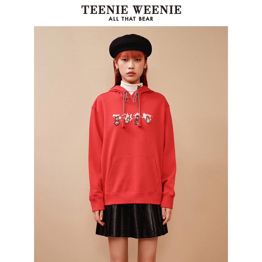 TeenieWeenie小熊奥莱连帽抽绳红色流苏上衣卫衣时尚氛围