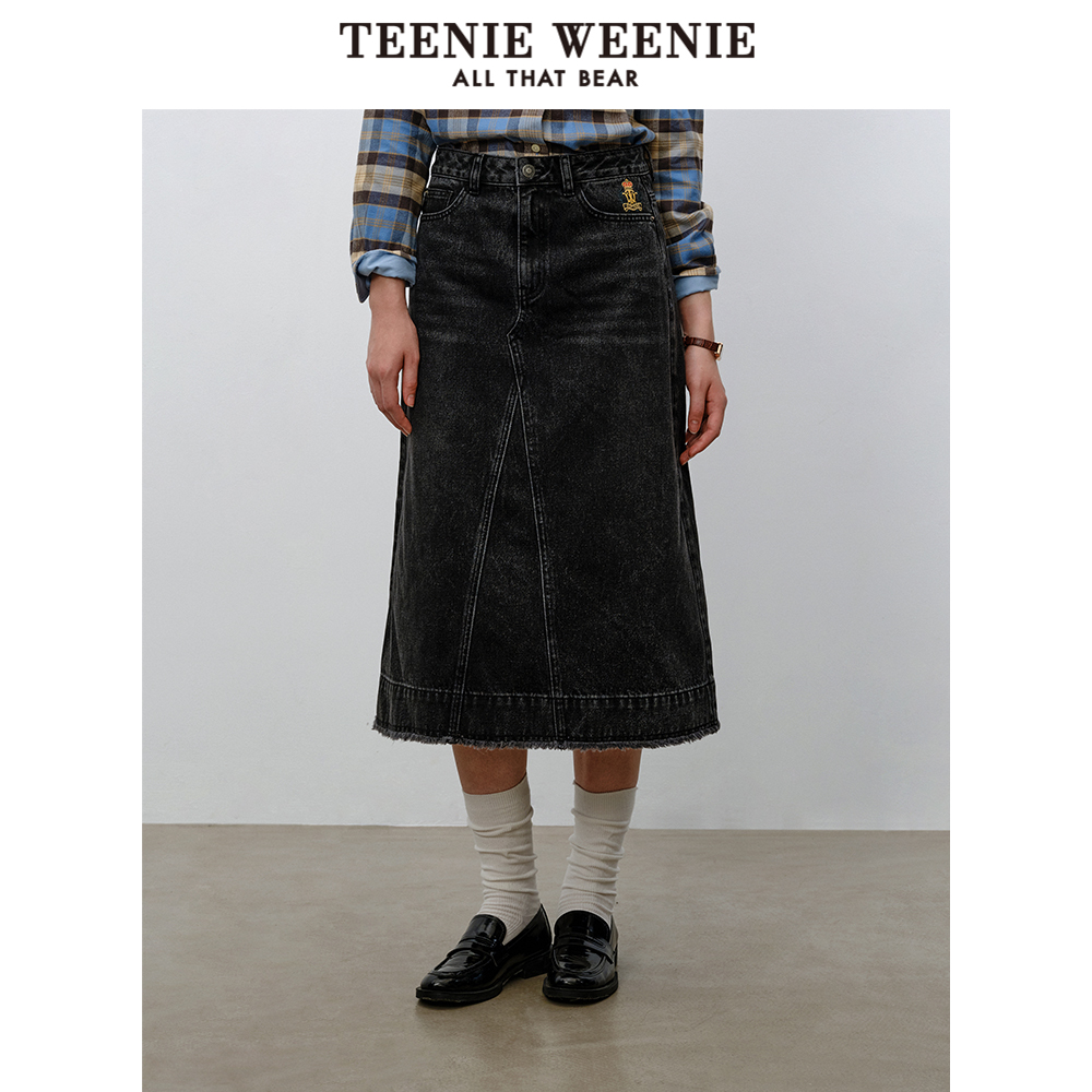TeenieWeenie小熊奥莱冬装毛边牛仔长半裙A字裙设计感开
