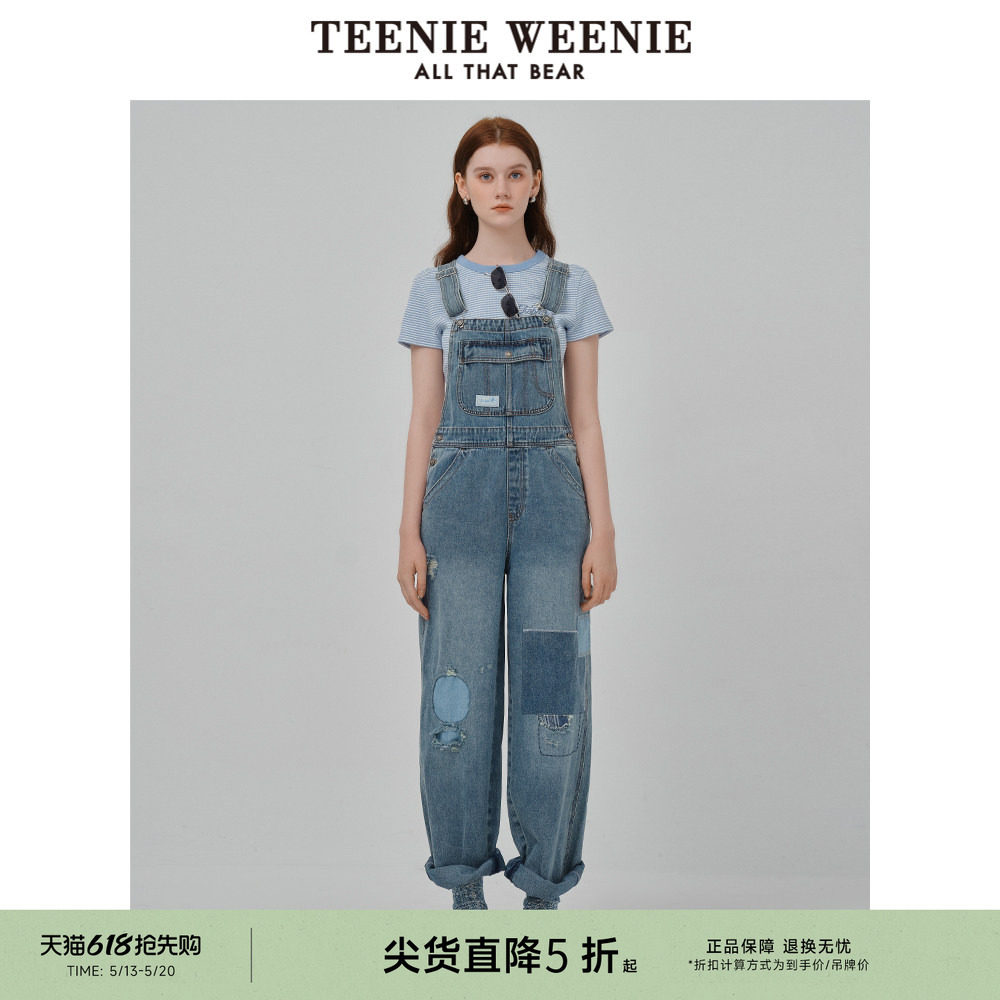 TeenieWeenie小熊牛仔裤夏季复古补丁潮流时尚背带裤