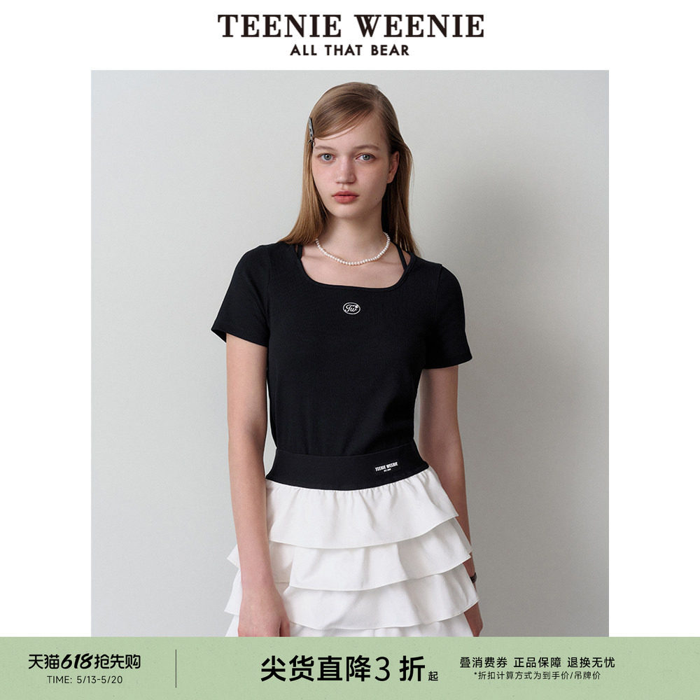 TeenieWeenie小熊奥莱夏季方领针织短袖黑色T恤设计感