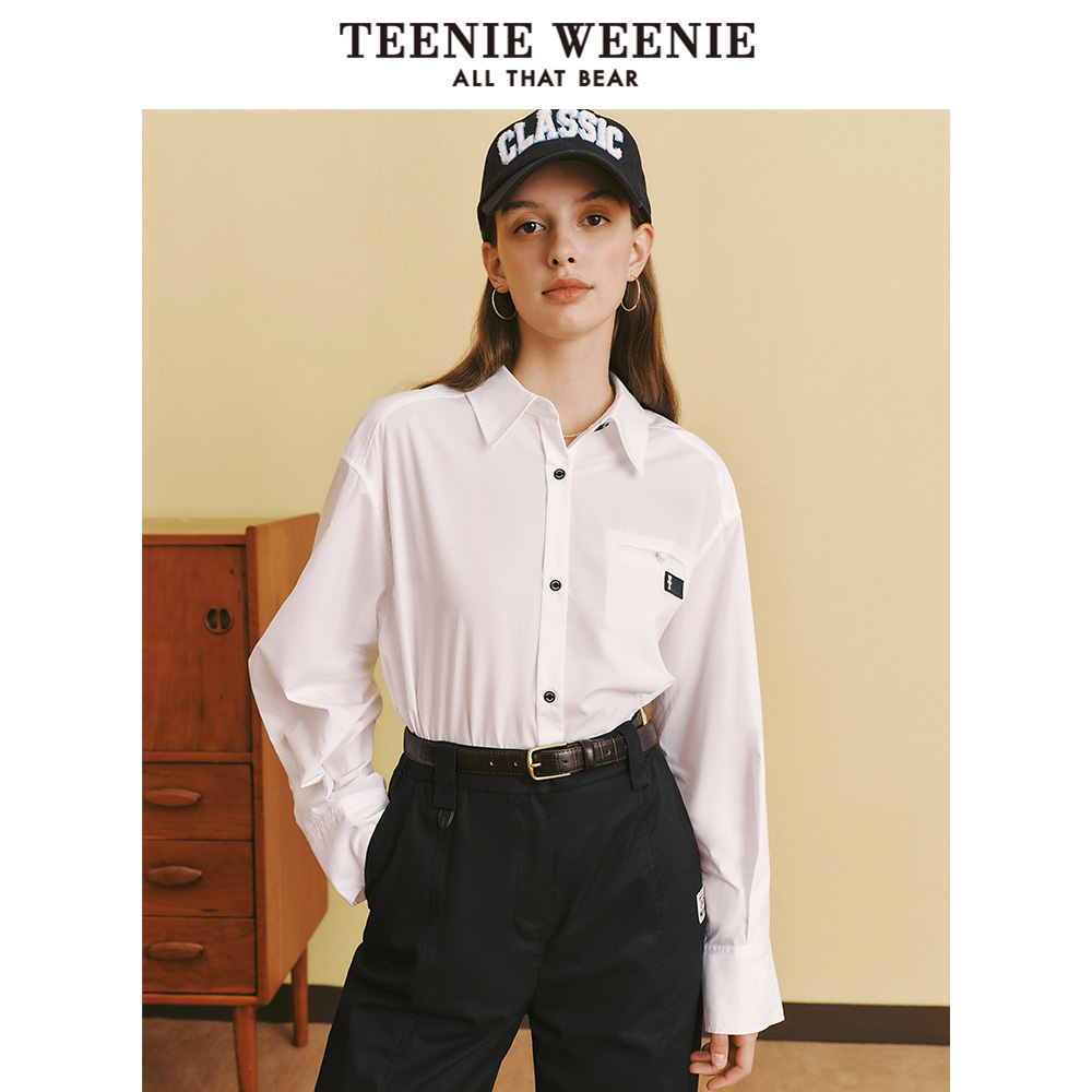 TeenieWeenie小熊奥莱春季基础休闲白色衬衫长袖衬衣时