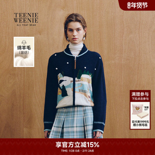TeenieWeenie小熊奥莱绵羊毛针织开衫春秋时髦短款撞色女拉链毛衣