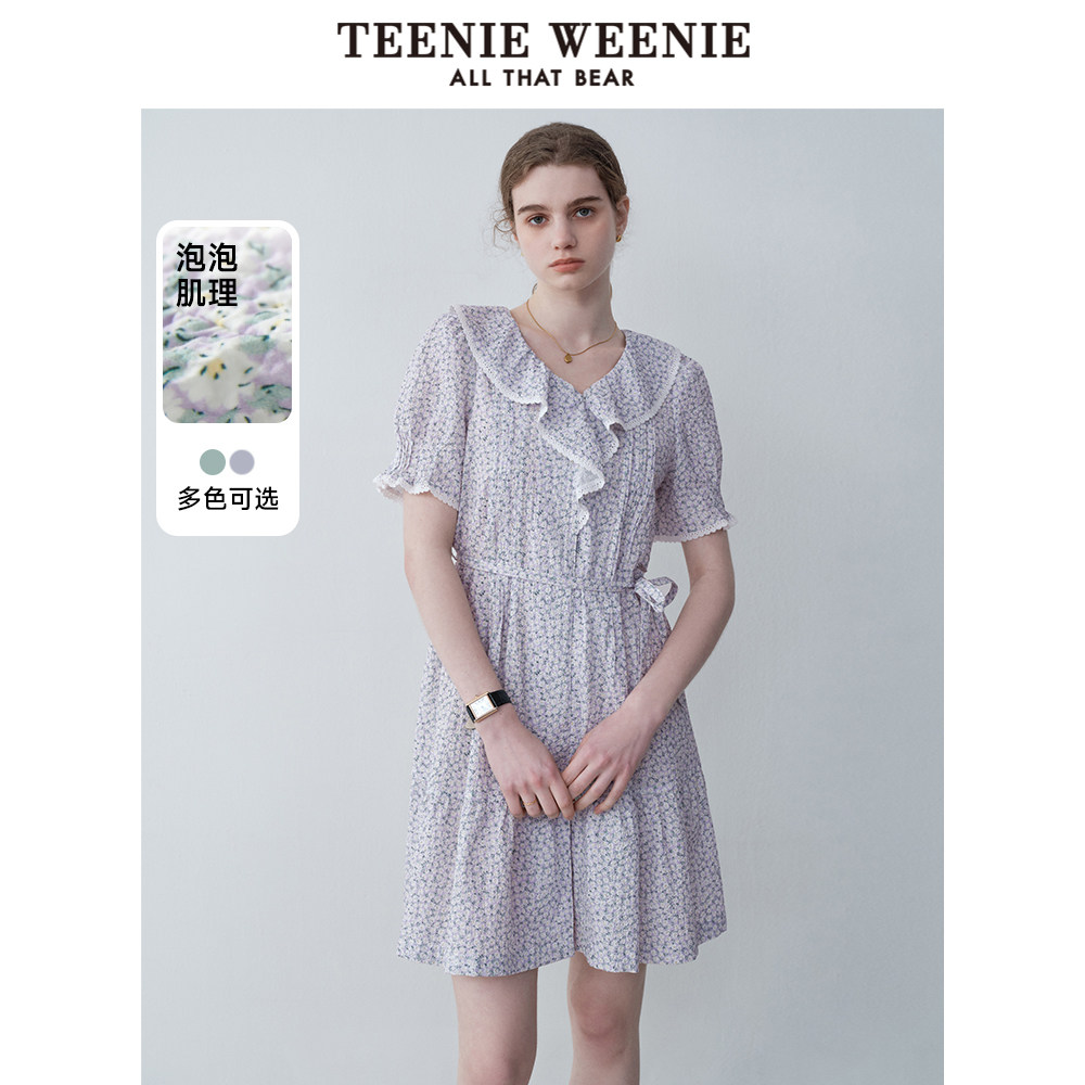 TeenieWeenie小熊奥莱荷叶边法式田园碎花连衣裙收腰茶歇