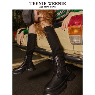 TeenieWeenie小熊奥莱黑色皮鞋 中筒靴甜酷风中性潮流靴子女秋季