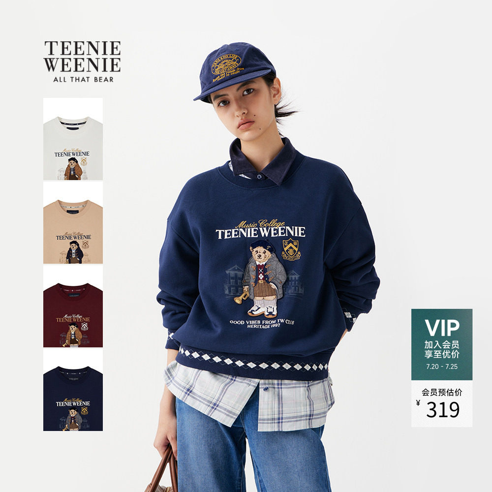 TeenieWeenie小熊女装卫衣格纹图案拼接刺绣时髦圆领内搭加绒上衣
