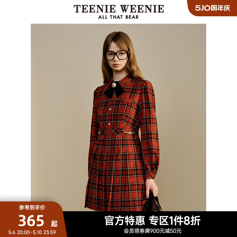 TeenieWeenie小熊奥莱春装学院风复古甜美格纹百褶连衣裙女