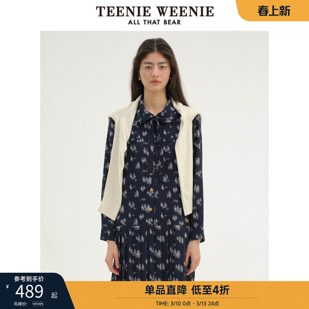 TeenieWeenie小熊奥莱秋季通勤风知性碎花连衣裙藏青色短裙女装