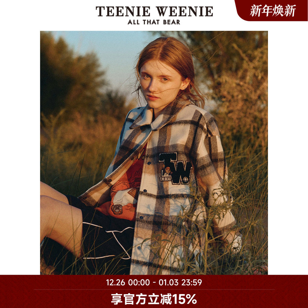 TeenieWeenie小熊奥莱冬季复古格纹毛呢呢子大衣外套小个
