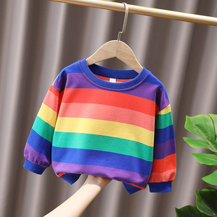 宝宝时髦上衣小童潮范打底衫 儿童韩版 彩虹条卫衣男女童2025春秋装