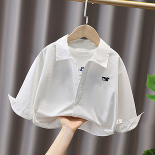 宝宝纯棉条纹衬衣小童外套 男女童2025春秋装 儿童卡通刺绣长袖 衬衫