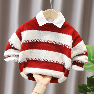 小童洋气红白条纹加厚套头毛衣男女童秋冬宝宝新年上衣儿童针织衫