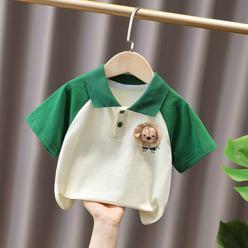 小童潮范前后狮子翻领短袖T恤