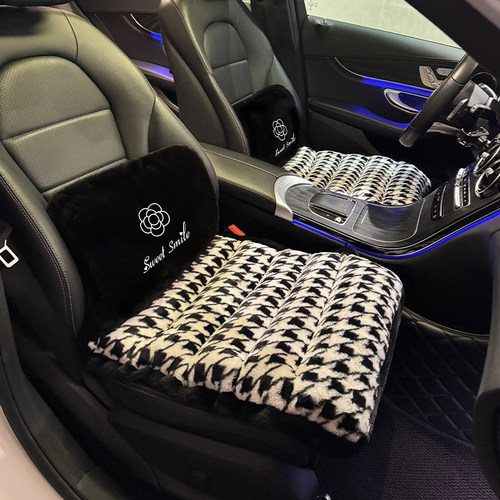 汽车坐垫冬季毛绒高级感山茶花腰靠背一体式座垫座椅加热四季通用