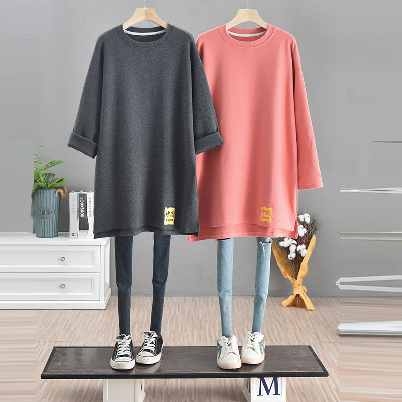 长袖T恤女秋冬新款中国风简约纯棉磨毛宽松大码中长款加厚打底衫