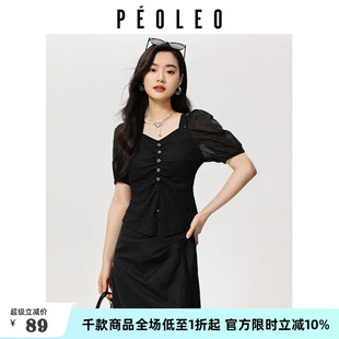 V领短袖 新款 飘蕾法式 T恤女2024夏季 上衣 设计感泡泡袖 镂空开叉短款